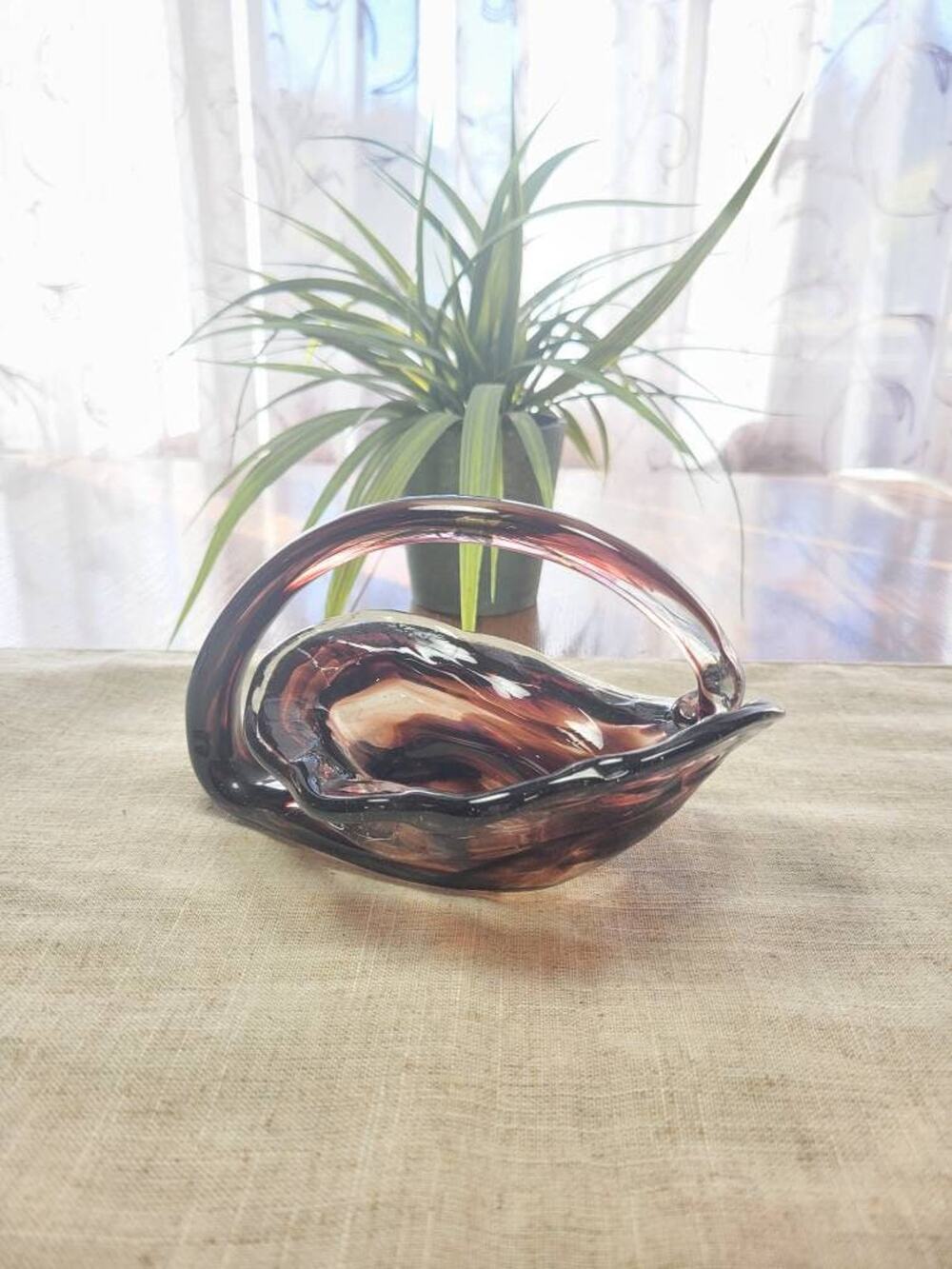 Mid Century Cornucopia Art Glass Basket 7" Brown Black Purple Candy Dish